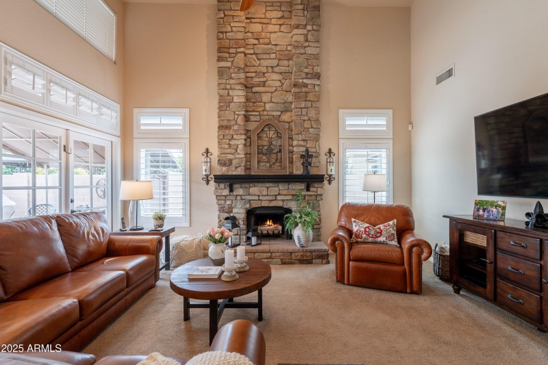 Stacked stone fireplace!