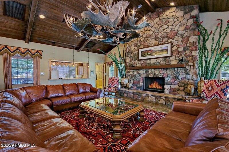 Pronghorn Ranch Club house by fireplace