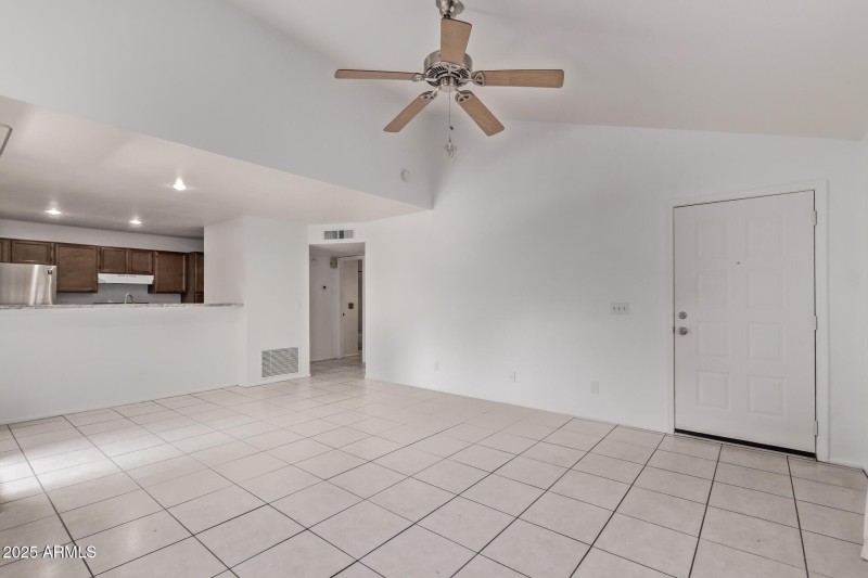 Lots of tile in living/dining area