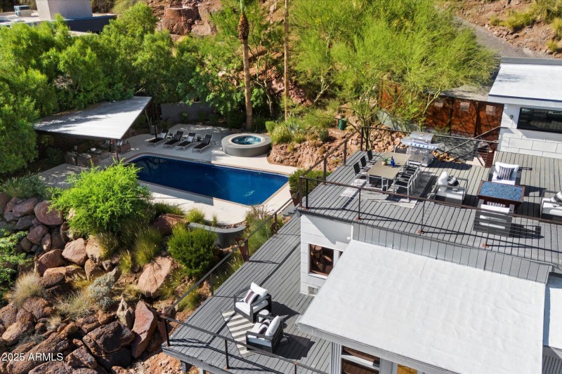 Bird's Eye View of Pool and Two Decks