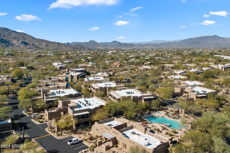 Aerial of clubhouse and pool