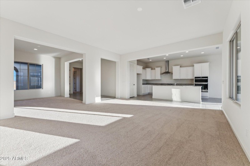 Living room into dining and kitchen