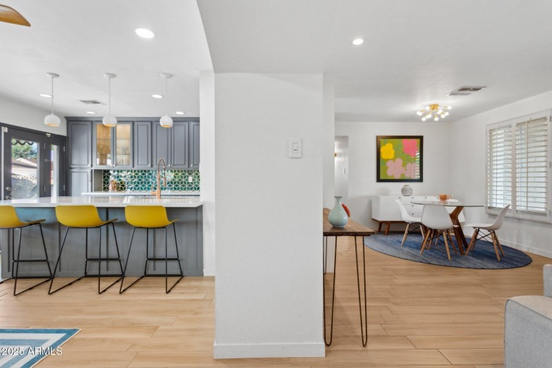 View or kitchen and dining spaces