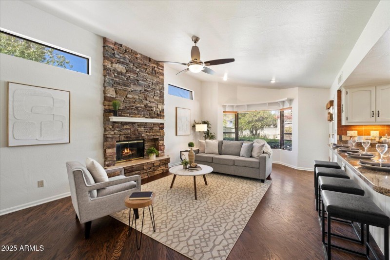 Family room and fireplace