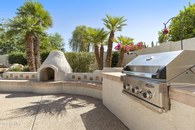 Backyard fireplace and built-in BBQ