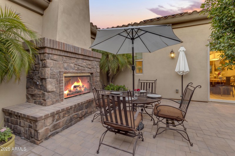 dusk fireplace courtyard