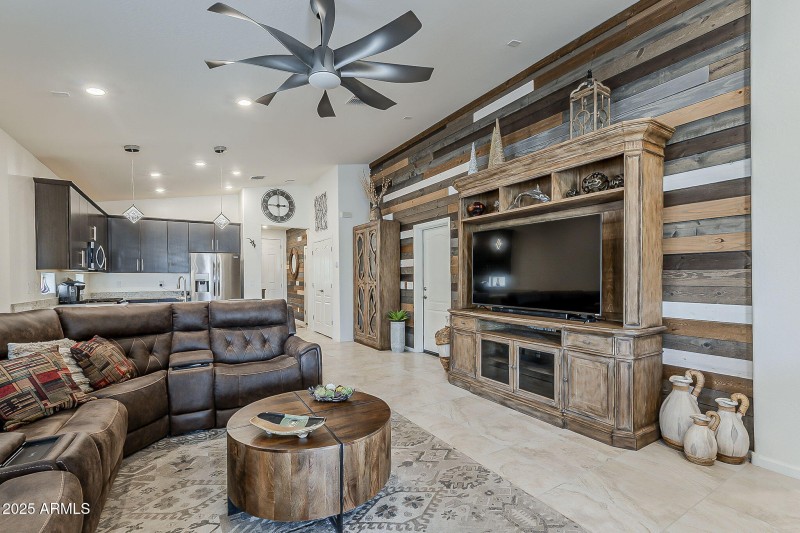 One wall has variegated wood planks.