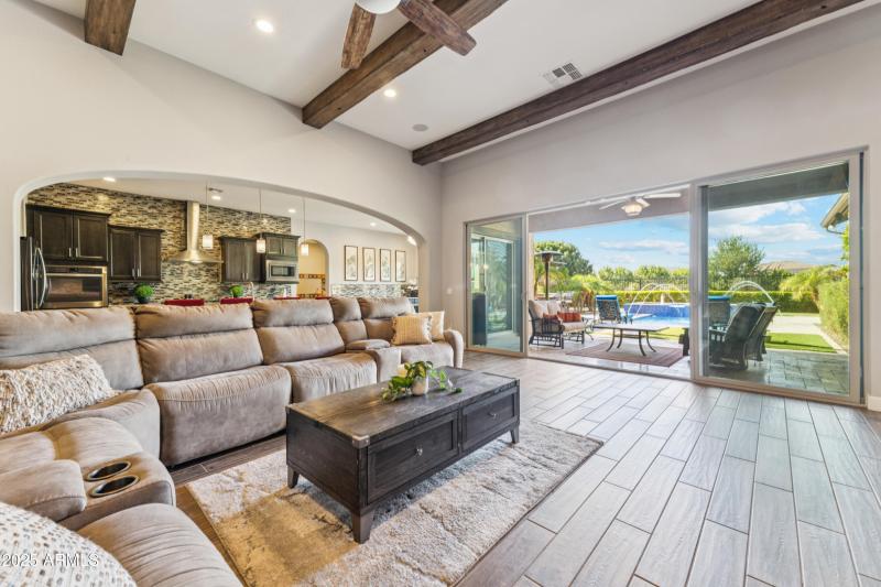 Great room w/wood beams