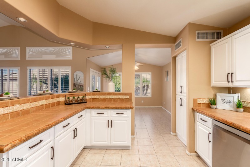 Kitchen view to dining and living room