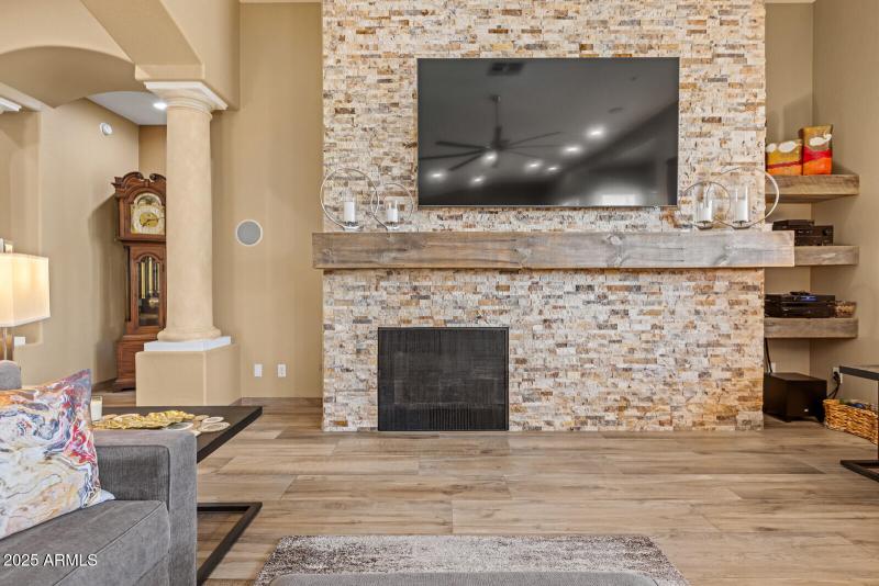 stacked stone fireplace