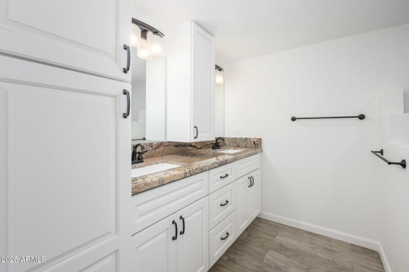 Remodeled bathroom with dual sinks