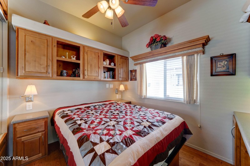 bedroom has comfy platform bed