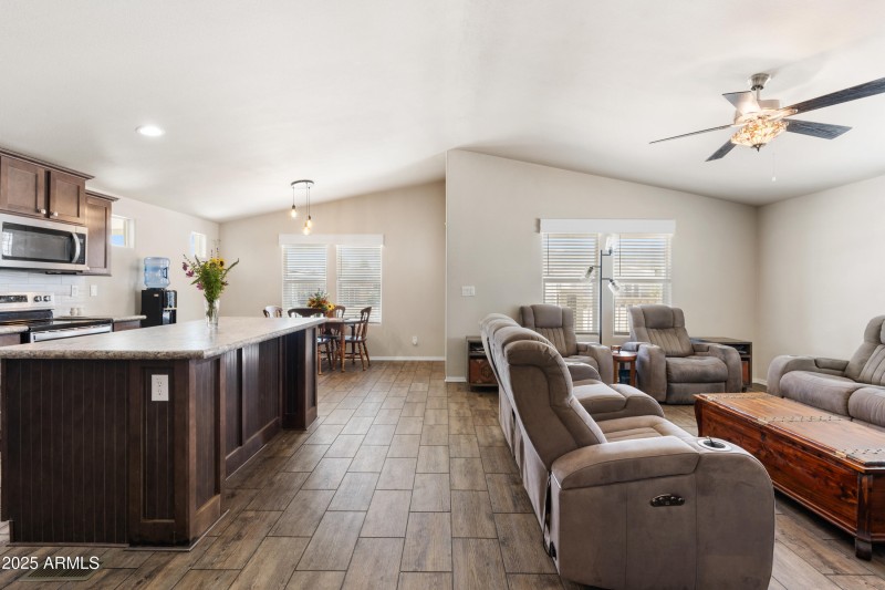 Kitchen, Dining Area & Living Room