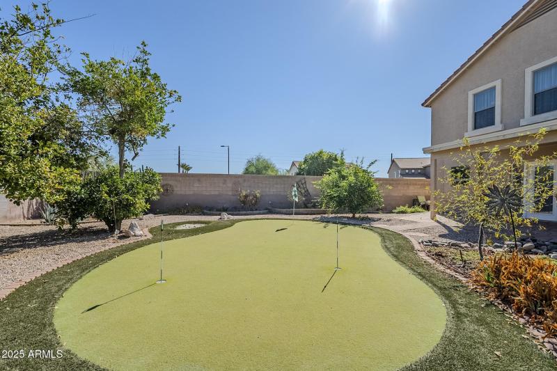 Putting green, citrus trees, garden beds