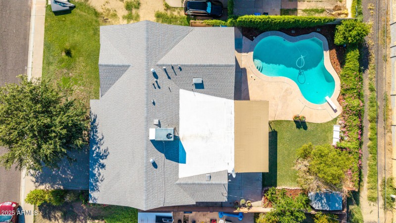Aerial view of backyard and pool