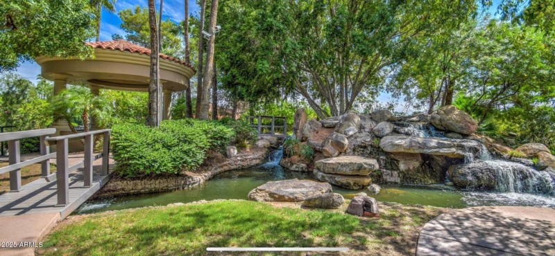 waterfall and gazebo