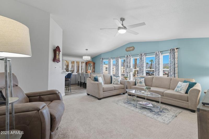 Living room view into dining area