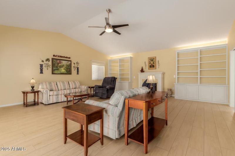 Living room with vaulted ceilings