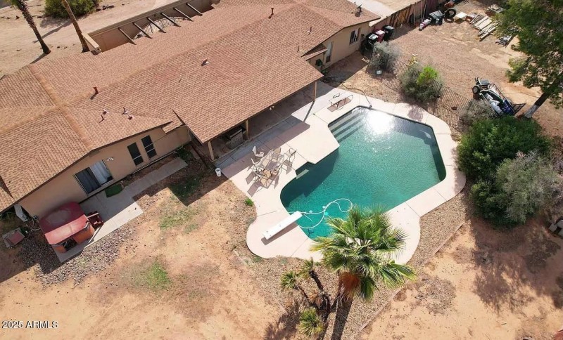 Overhead view of pool and back yard