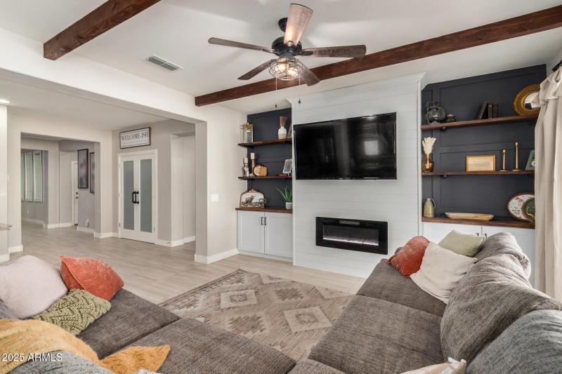 Great-room with wood ceiling beams