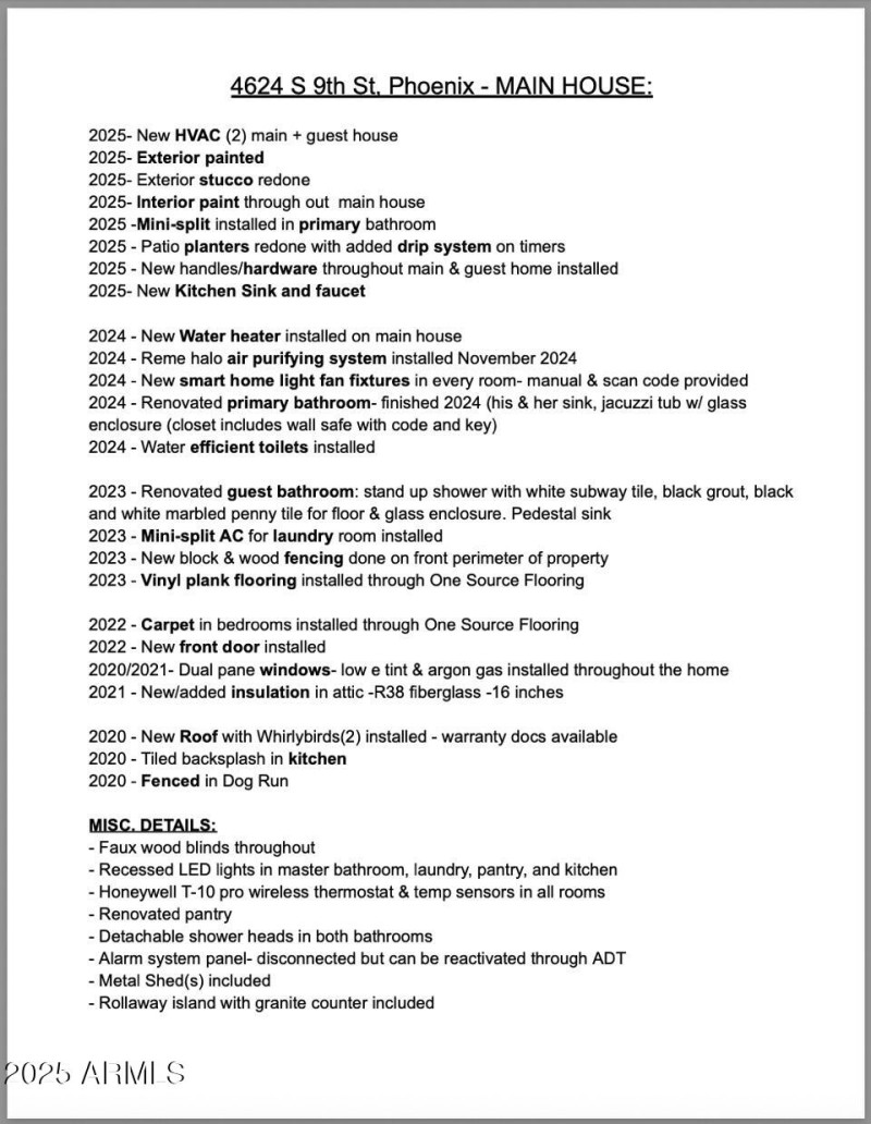 Improvements list Main House