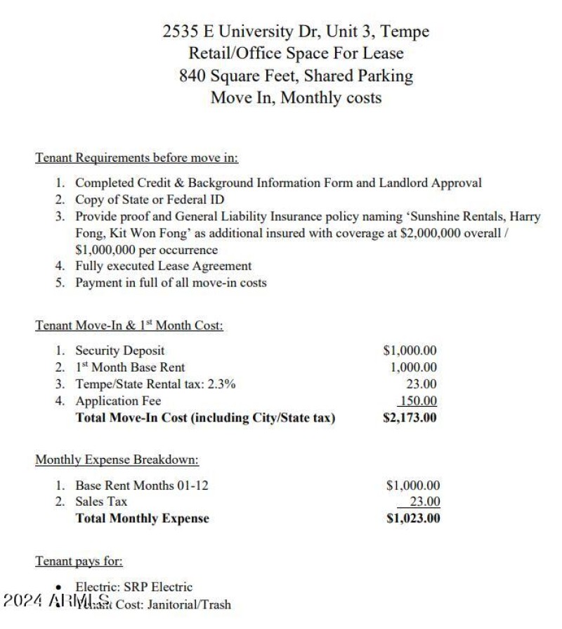 2535 E University, Ste 3 Lease Cost Outl