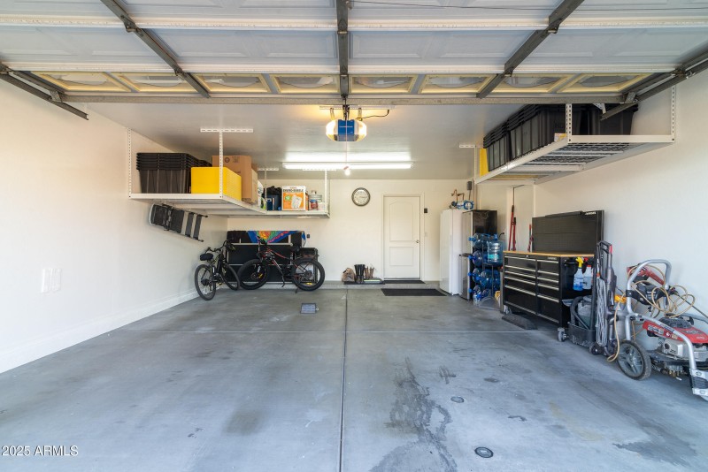 Garage with hanging shelves