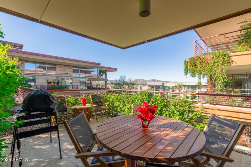 Large patio with mountain views