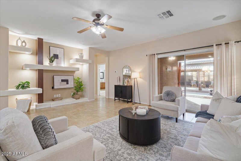 Living Room with built in shelving