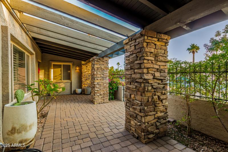 Southwestern vibe with cactus and stone.