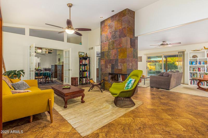 Open living room with stone hearth!!