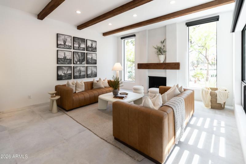 Wood Beam Ceilings & Gas Fireplace