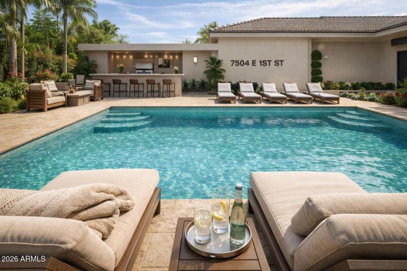 Upscale backyard oasis with poolside lux