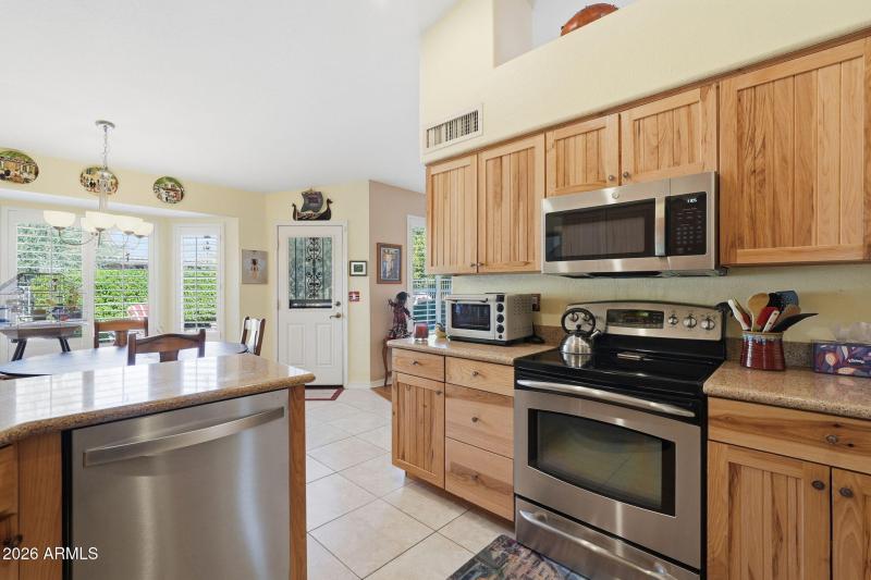 Kitchen over looks the eating area
