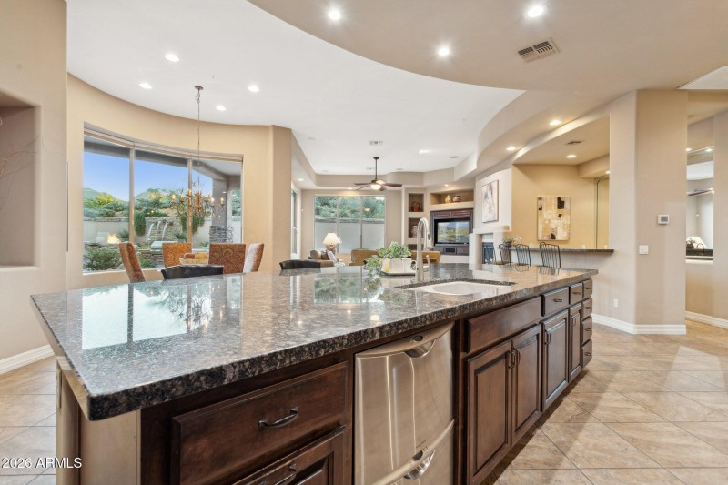 Kitchen view to dining and family room