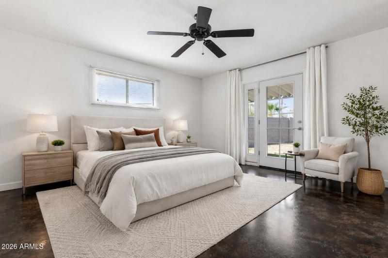 Modern minimalist bedroom with cozy acce