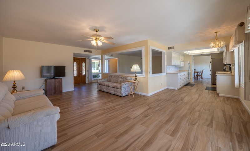 Bright family room to front door