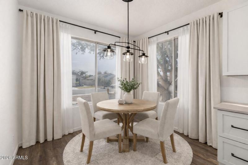 Bright dining corner with chandelier