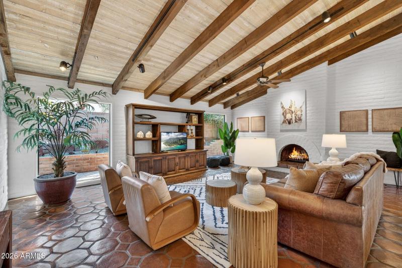 Vaulted Wood Beamed Ceiling & Fireplace