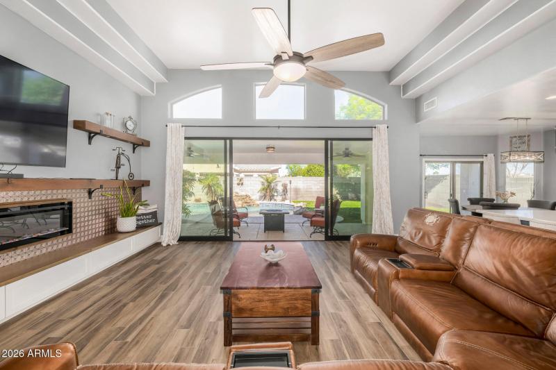 Family room with double sliding doors
