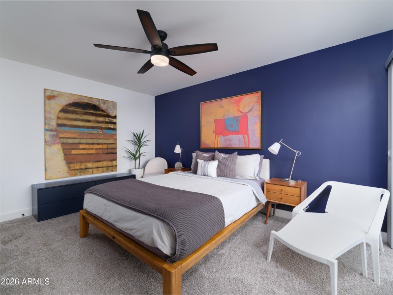 Spacious bedroom with fan