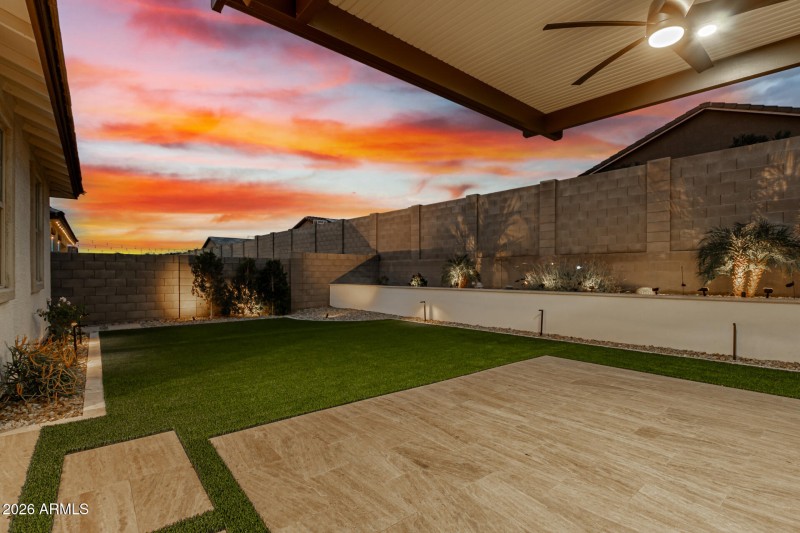 backyard patio area at twilight