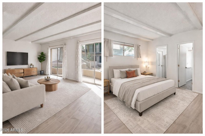 Staged living room and master