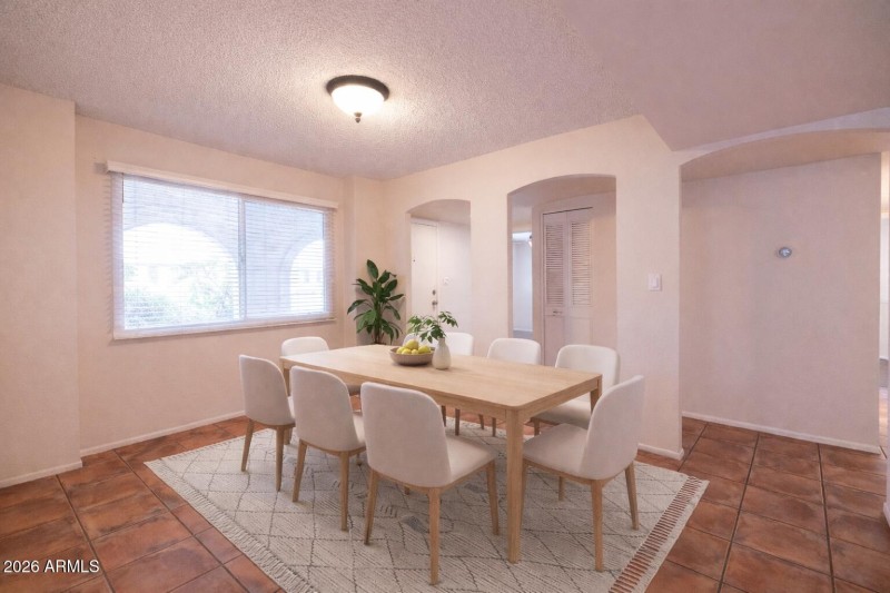 Modern dining room with terracotta tiles