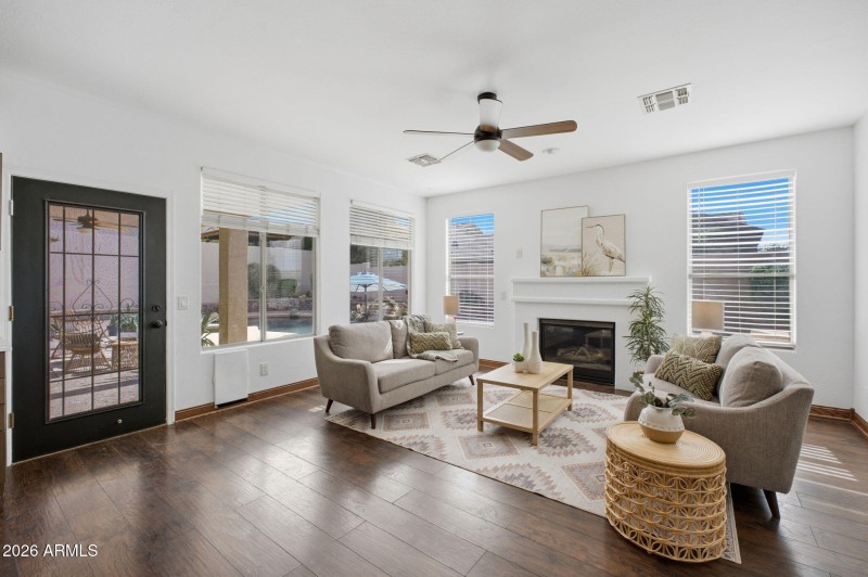 Living spaces with backyard views