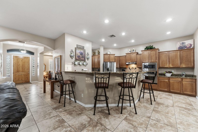 Large kitchen with bar seating