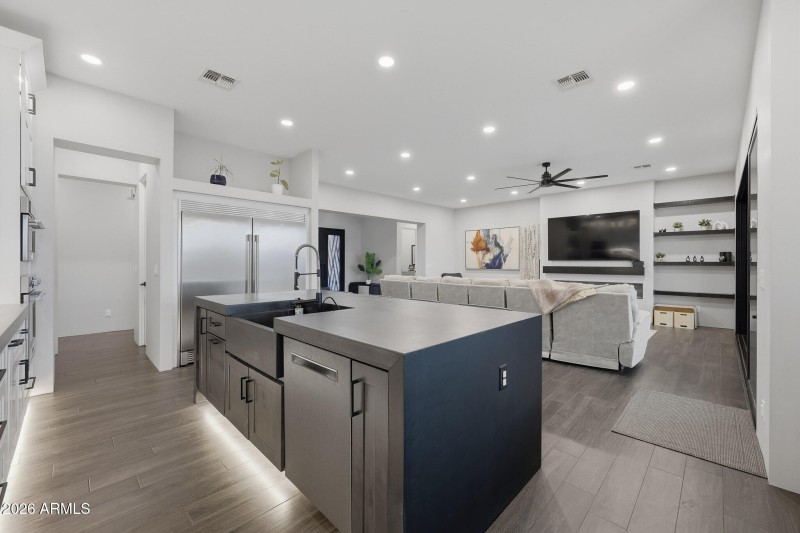 Under lights in kitchen