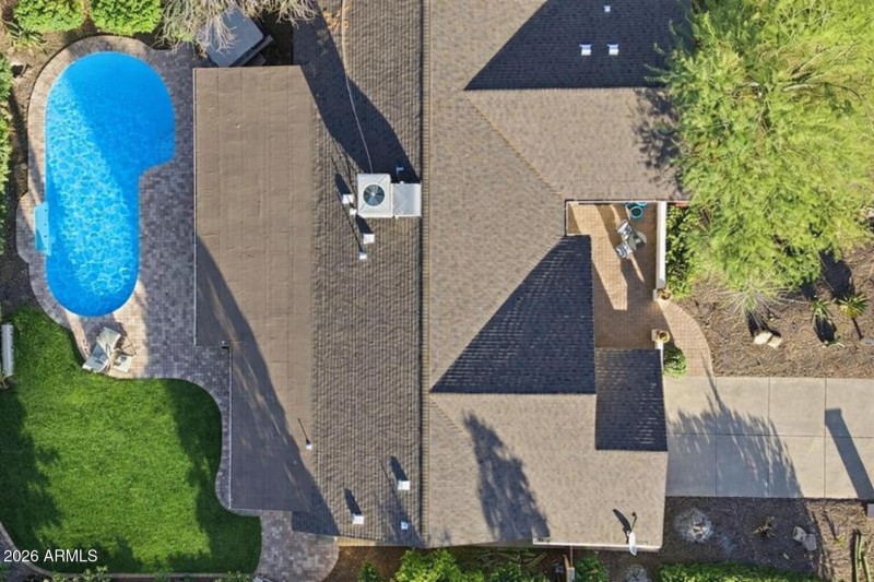 Aerial view of backyard and pool