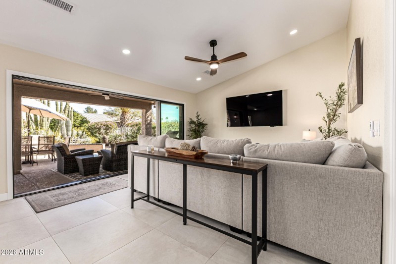 Family room with stacked slider open