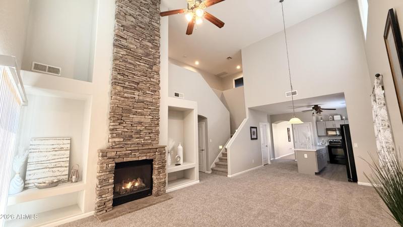 Soaring stone fireplace